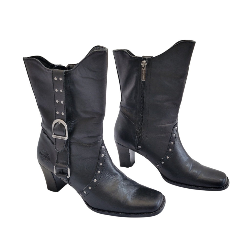 Harley Davidson Johanna Black Leather Moto Boots‎ Studded Heel 8.5